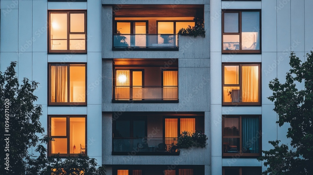 Fototapeta premium Modern Apartment Building with Warm Evening Glow