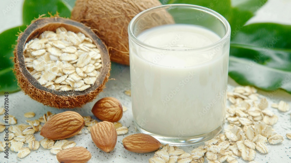 Fresh Almond Milk Surrounded by Almonds and Oats on a Textured Surface with Green Leaves, Perfect for Healthy Lifestyle and Cooking Themes Fresh Almond Milk Surrounded by Almonds and Oats on a Textured Surface with Green Leaves, Perfect for Healthy Lifestyle and Cooking Themes