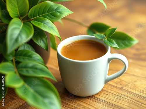 Warm cup of coffee on a wooden desk next to a lush green plant with a few leaves curled around the rim of the cup, office, desk