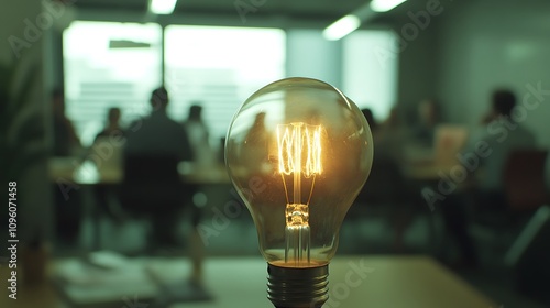 Glowing Lightbulb Idea: Office Brainstorm Session. AI Generated