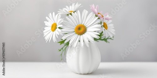 Watercolor daisy flower in a classic white vase with greenery, fresh cut flowers, watercolor flowers
