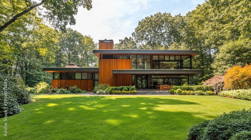 Modern Home with Sleek Wooden Facade and Green Landscape Modern Home with Sleek Wooden Facade and Green Landscape
