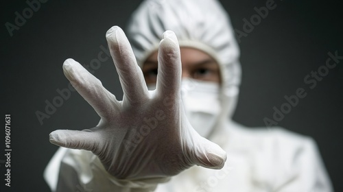 A person in protective clothing, raising a gloved hand towards the camera, symbolizes safety and health precautions, Ideal for topics related to healthcare, hygiene, and safety protocols, photo