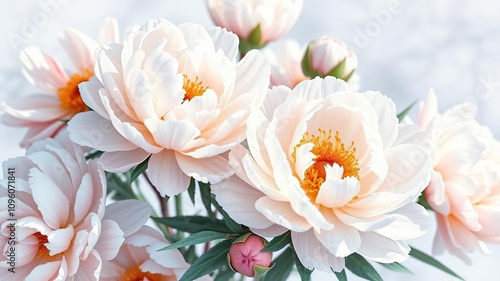 Watercolor painting of white peony flowers in full bloom, nature's beauty, watercolor peonies, serene landscape