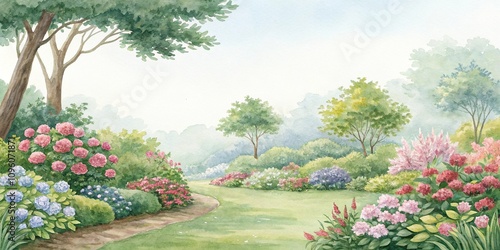 Fototapeta Naklejka Na Ścianę i Meble -  Watercolor painting of a lush garden with vibrant flowers and foliage, floral backgrounds, nature scenes, botanical illustration, greenery
