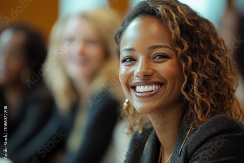 A diverse group of professionals laughing and sharing ideas during an office meeting.