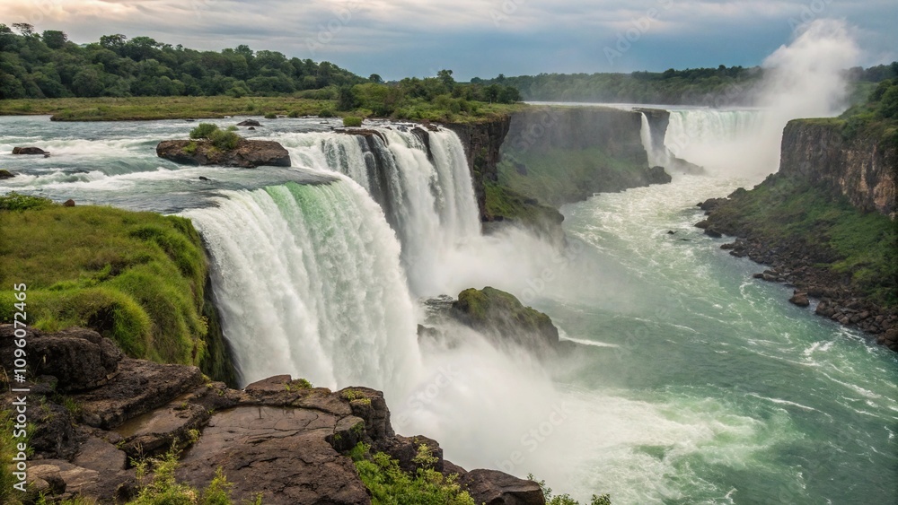 Water falls from the top of a cliff creating a stunning display of white water and spray, scenic, scenery Water falls from the top of a cliff creating a stunning display of white water and spray, scenic, scenery