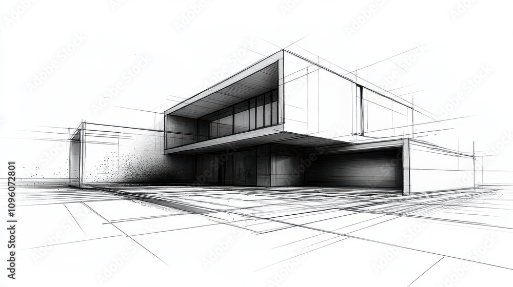 Fototapeta premium Architectural Sketch: Modern House Design with Patio and Garage, Illustrated in Monochromatic Style