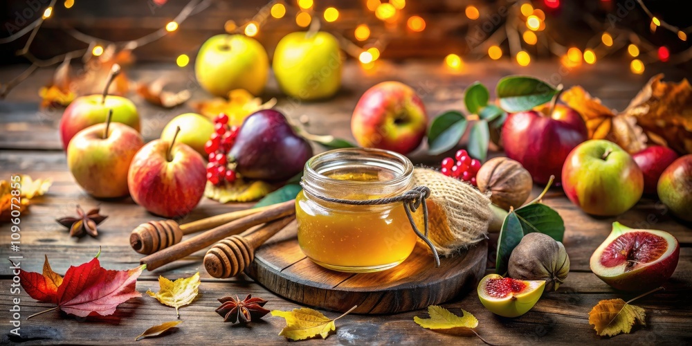 Honey with Autumn Fruits on Rustic Surface - Cozy Seasonal Vibes and Bokeh Effect for Fall Decor and Culinary Inspiration