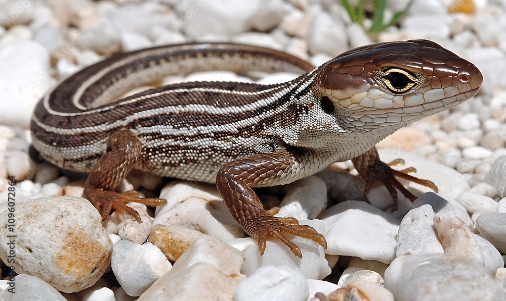 Naklejka premium A close-up of a striped lizard resting on small white stones.