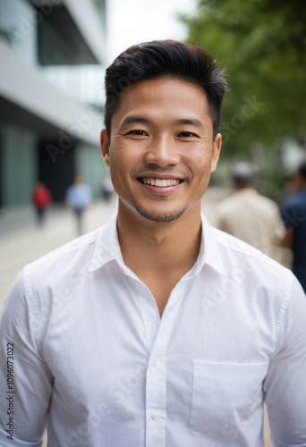 Young Asian man, bright smile, white button-up shirt, short dark hair, urban background, soft bokeh, natural lighting, professional headshot style, confident expression, casual business attire, outdoo