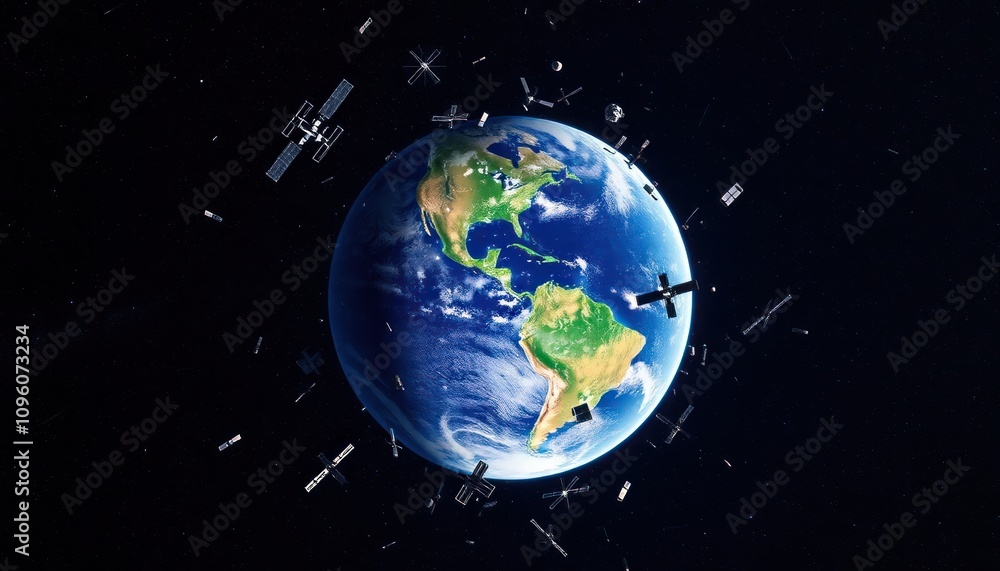 3D illustration of a cluster of space debris, junk and satellites surrounding planet Earth. High quality digital space art in 5K - ultra realistic visualization. 3D illustration of a cluster of space debris, junk and satellites surrounding planet Earth. High quality digital space art in 5K - ultra realistic visualization.