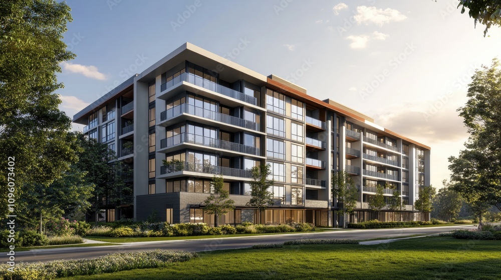 Modern Apartment Building with Sleek Design and Landscape Modern Apartment Building with Sleek Design and Landscape