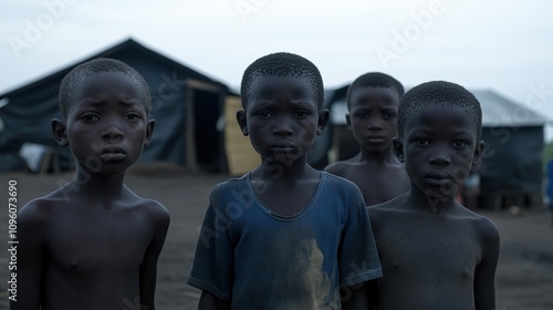 A group of four young boys stands solemnly against a backdrop of tents, conveying resilience in challenging circumstances, This image can be used for topics like childhood, community photo