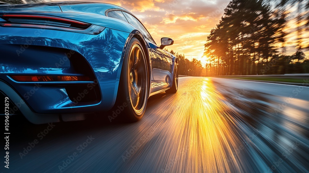 A sleek blue sports car speeding on a wet road during a vibrant sunset. A sleek blue sports car speeding on a wet road during a vibrant sunset.