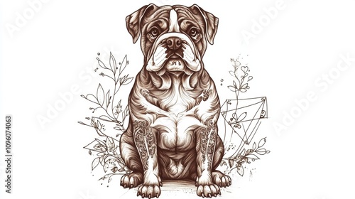 A detailed illustration of abully kutta dog surrounded by floral elements. photo