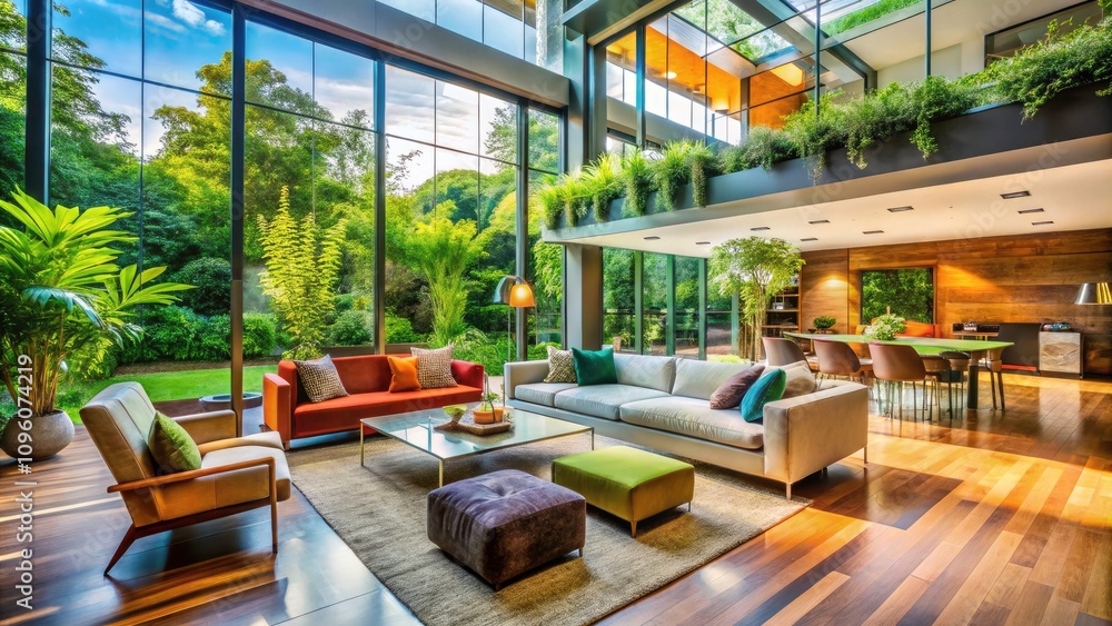 Naklejka premium Modern Interior Design Landscape Photography: Contemporary Home Aesthetic with Natural Light and Minimalist Decor, Showcasing Open Spaces and Elegant Furnishings in a Serene Environment