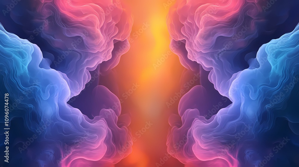 Obraz premium The image contains an abstract design featuring flowing, translucent forms in shades of blue, pink, and purple, creating a symmetrical pattern with a central, warm orange glow.