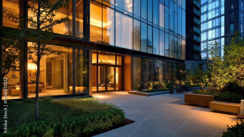 Elegant Luxury Apartment with Glass Facades at Night Elegant Luxury Apartment with Glass Facades at Night
