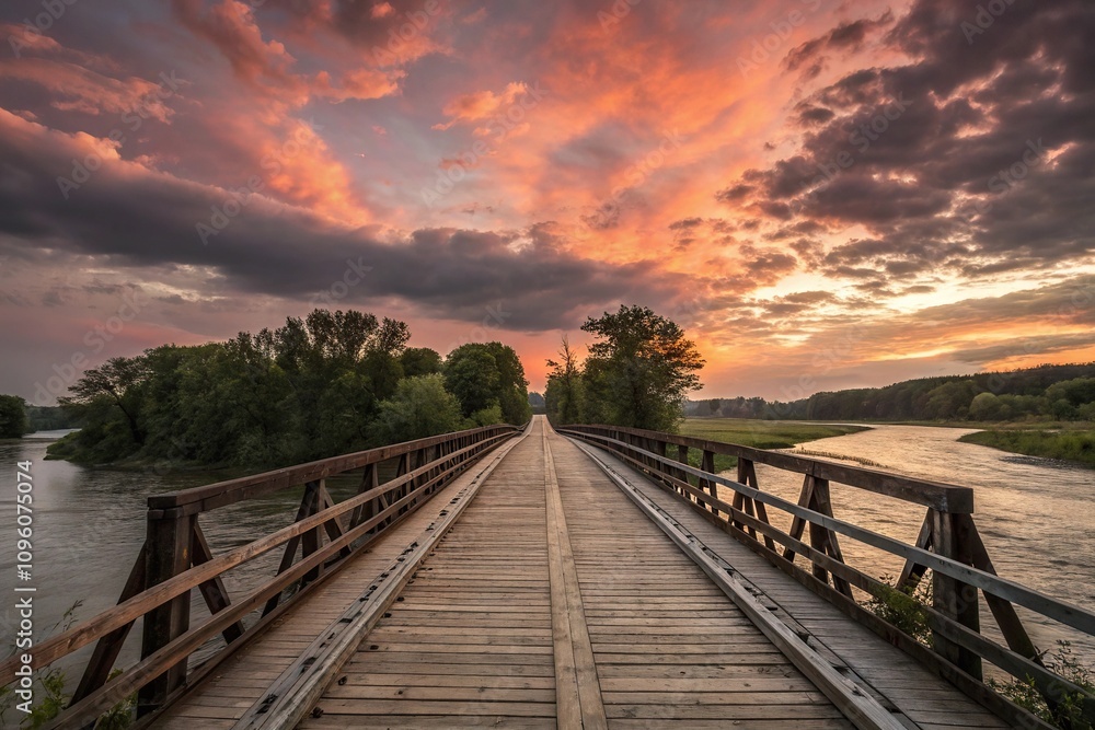 Fototapeta premium Wooden beam bridge spanning the river at dusk with warm colors in the sky, wooden beam bridge, riverbank scenery, serene landscape