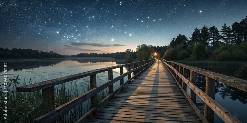 Fototapeta premium Wooden boardwalk bridge spanning the river at night with stars shining in the sky, wooden boardwalk, serene landscape, forest surroundings, outdoor architecture