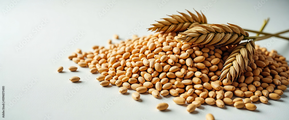 Obraz premium A bunch of wheat and rice grains are spread out on a white background. The grains are scattered in various sizes and shapes, creating a sense of abundance and diversity