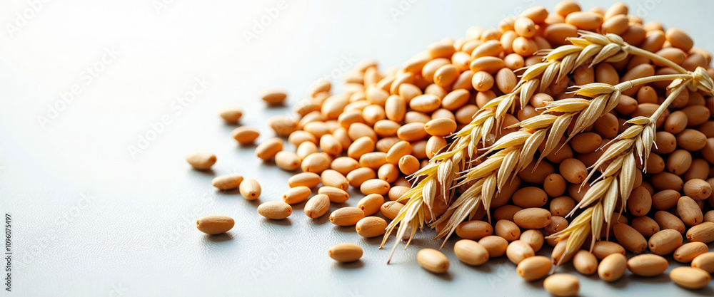 A bunch of wheat and rice grains are spread out on a white background. The grains are scattered in various sizes and shapes, creating a sense of abundance and diversity A bunch of wheat and rice grains are spread out on a white background. The grains are scattered in various sizes and shapes, creating a sense of abundance and diversity