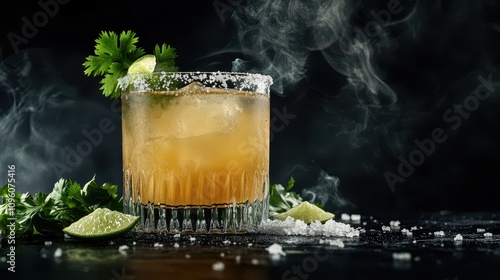 Suspended Smoky Mezcal Margarita: A Pale Golden Cocktail with Lime Zest, Fresh Lime Garnish, and Hints of Smoke. Modern Bar Atmosphere, High-End Photography Aesthetic.