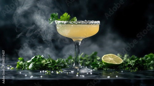 Suspended Smoky Mezcal Margarita: A Pale Golden Cocktail with Lime Zest, Fresh Lime Garnish, and Hints of Smoke. Modern Bar Atmosphere, High-End Photography Aesthetic.