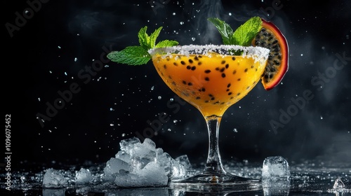 Tropical Passionfruit Cocktail: Vibrant Gradient Orange-Yellow Liquid, Fresh Seeds, Mint Garnish, and Gourmet Style for Refreshing Summer Vibes and Social Media Appeal.