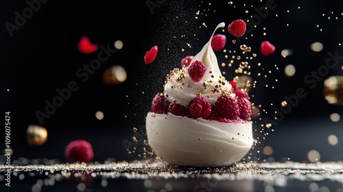 Suspended White Chocolate Raspberry Mousse: A Top-Down Food Photography Showcase with Smooth Ivory Layer, Fresh Ingredients, High Contrast, and Vibrant Colors.