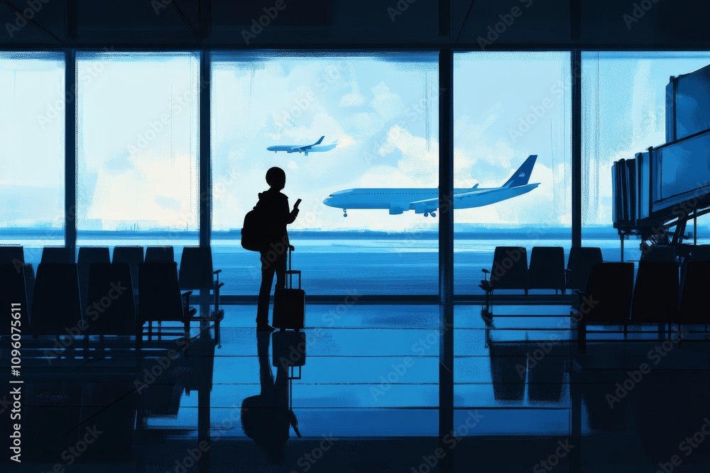 A silhouette of an individual standing in the airport with their luggage, looking out at planes taking off through large windows. A silhouette of an individual standing in the airport with their luggage, looking out at planes taking off through large windows.