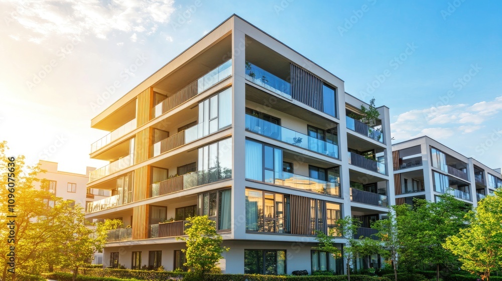 Fototapeta premium Modern Apartment Building Facade at Sunset