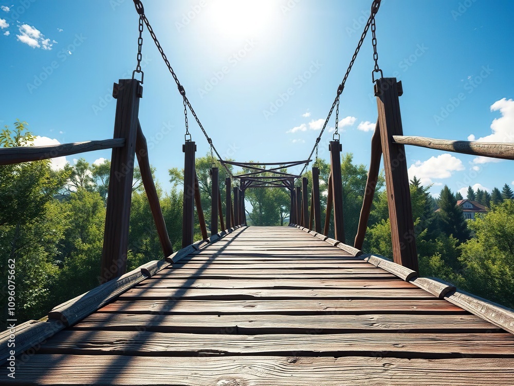 Fototapeta premium Wooden planks of an old bridge suspended above the forest floor beneath a bright blue sky with gentle sunlight filtering through, outdoors, sunlight