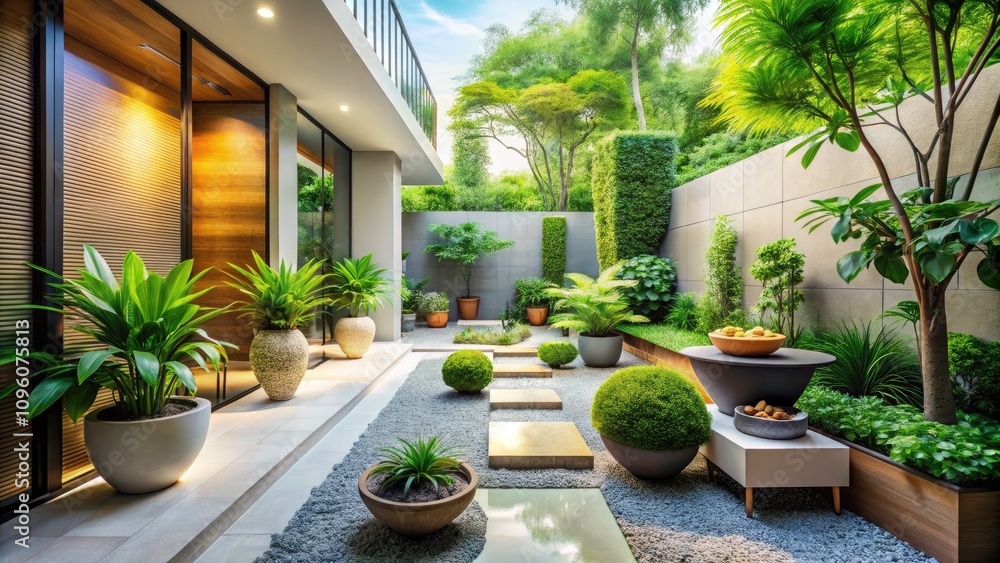 Fototapeta premium Serene Modern Minimalistic Home Garden: Tranquil Spaces, Greenery, and Stylish Decor for Fashion Photography Inspiration