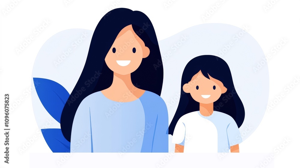 A cheerful illustration of a mother and daughter with long hair, both smiling against a soft background, Ideal for family-related content, parenting articles, or children's products, A cheerful illustration of a mother and daughter with long hair, both smiling against a soft background, Ideal for family-related content, parenting articles, or children's products,