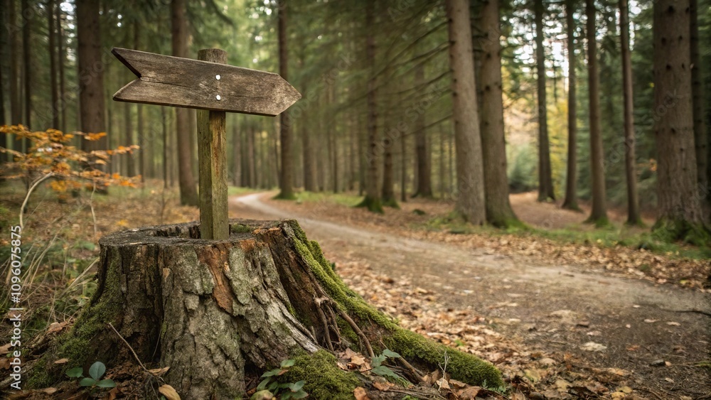 Wooden signpost with an old wooden arrow pointing into the distance in front of a tree stump in a dense forest, forest, rural, wood, woods Wooden signpost with an old wooden arrow pointing into the distance in front of a tree stump in a dense forest, forest, rural, wood, woods