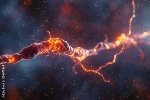 Action Potential Propagation: A high-resolution shot of an action potential traveling down the axon towards the synapse, initiating neurotransmitter release. photo