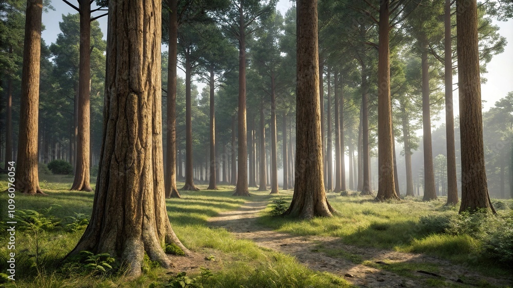 Wooden tree trunks in a forest glade, natural scenery, woodland vegetation, earthy tones, rugged tree bark Wooden tree trunks in a forest glade, natural scenery, woodland vegetation, earthy tones, rugged tree bark