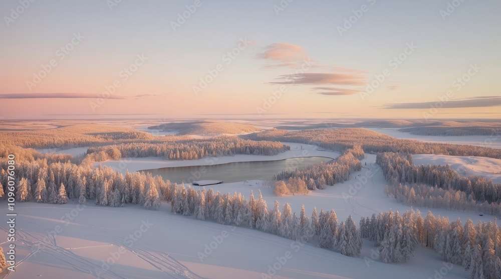 Beautiful aerial landscape with cold and warm colors with mountains, forest and snowfield Beautiful aerial landscape with cold and warm colors with mountains, forest and snowfield