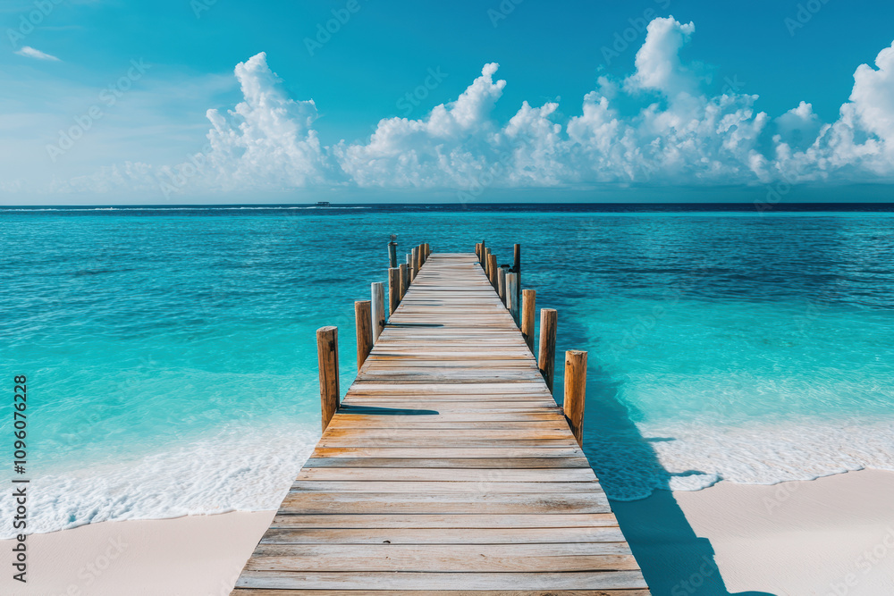 Obraz premium Tranquil scene with a weathered pier leading to the crystal clear ocean. Ideal for travel, vacation, and relaxation themes.