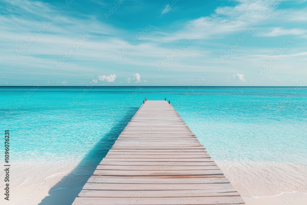Tranquil scene with a weathered pier leading to the crystal clear ocean. Ideal for travel, vacation, and relaxation themes. Tranquil scene with a weathered pier leading to the crystal clear ocean. Ideal for travel, vacation, and relaxation themes.