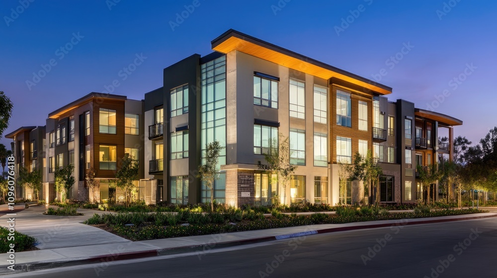 Modern Newly Constructed Apartment Complex at Dusk Modern Newly Constructed Apartment Complex at Dusk