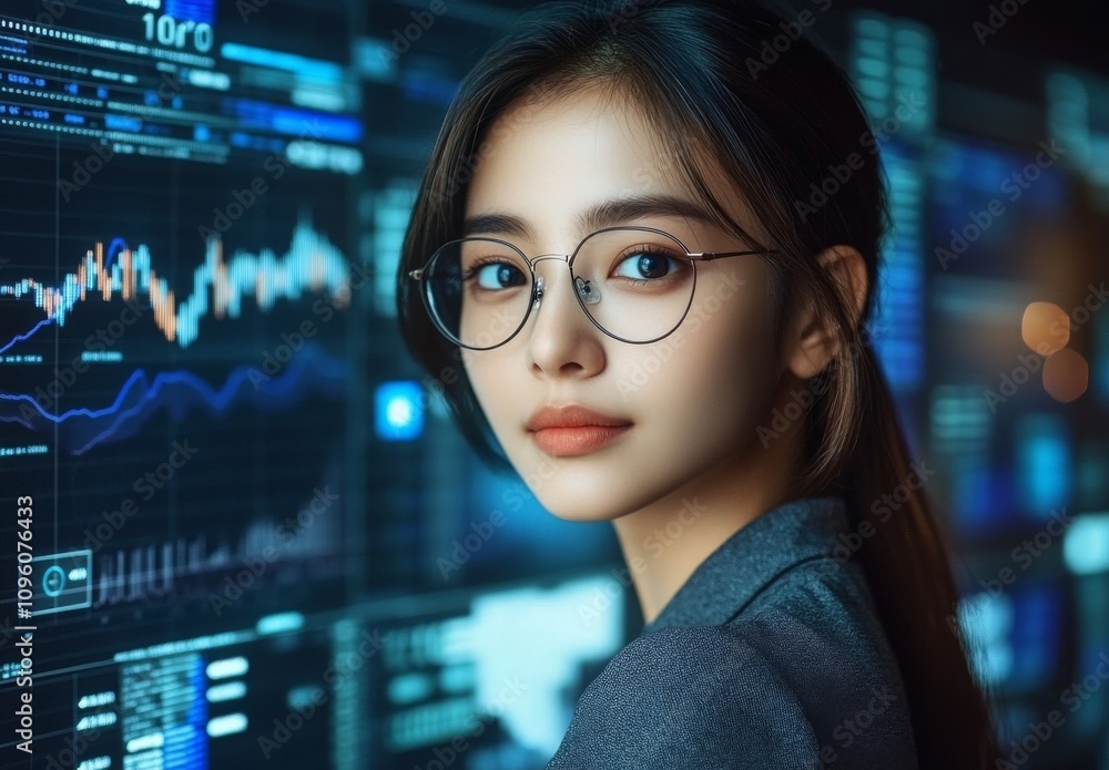 A woman with glasses is seen in front of computer code and data. A woman with glasses is seen in front of computer code and data.