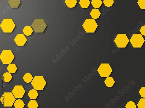 Yellow hexagon mosaic art against a dark gray or black background with bold and contrasting light colors, mosaics, abstract designs, dramatic effect
