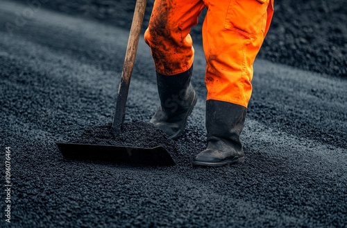 A worker in orange overalls is pouring asphalt. photo