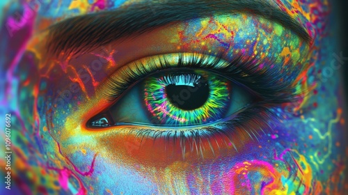 Close-up of a Colorful Eye with Neon Makeup
