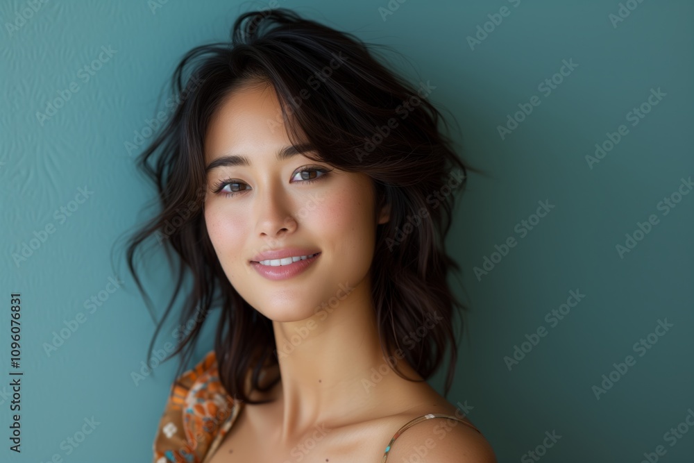 Side view portrait of Asian model with wavy hair and soft smile against a blue backdrop. Gentle expression and delicate beauty highlighted by natural lighting convey calm and approachability. Side view portrait of Asian model with wavy hair and soft smile against a blue backdrop. Gentle expression and delicate beauty highlighted by natural lighting convey calm and approachability.