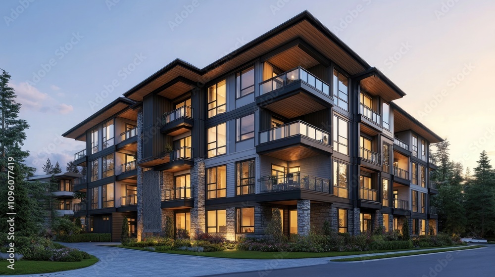 Modern Multi-Story Apartment Building at Dusk Modern Multi-Story Apartment Building at Dusk
