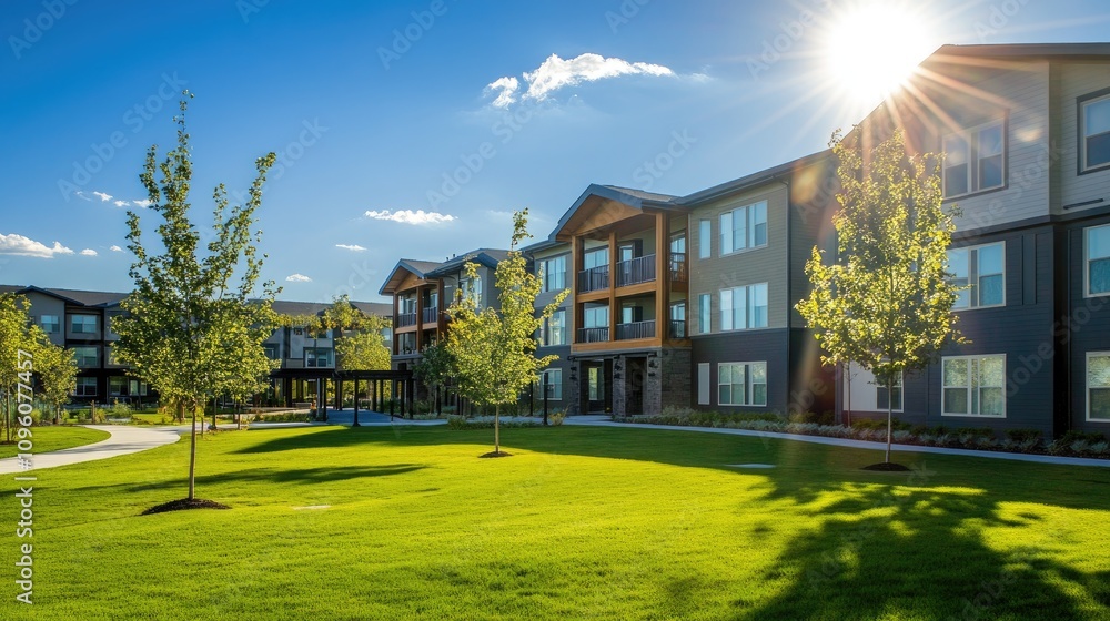 Fototapeta premium Modern Minimalist Apartment Complex with Green Space